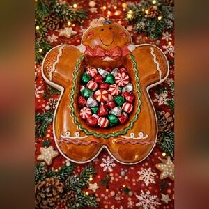 Vintage Gingerbread Man Christmas Candy & Cookie Dish – Festive Holiday Serving